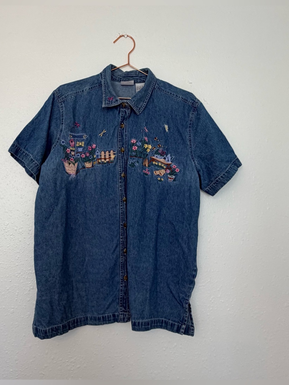 Bobbie Brooks Blue Denim Short-Sleeve Button-Up Shirt with Floral  andEmbroidery
